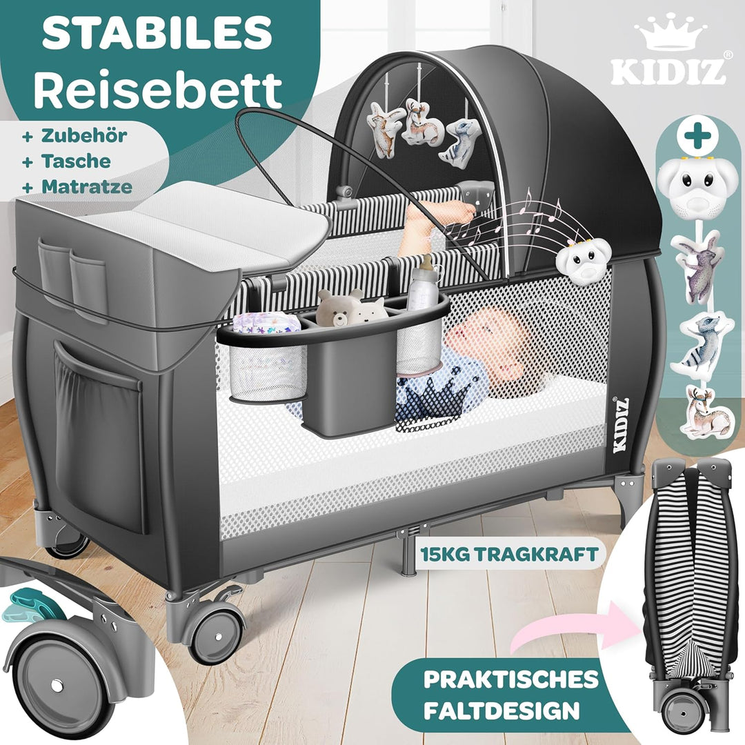 Kidiz® Babybett Reisebett Kinderreisebett klappbar mit Matratze & Räder 120x60, Seiteneingang, Wicke