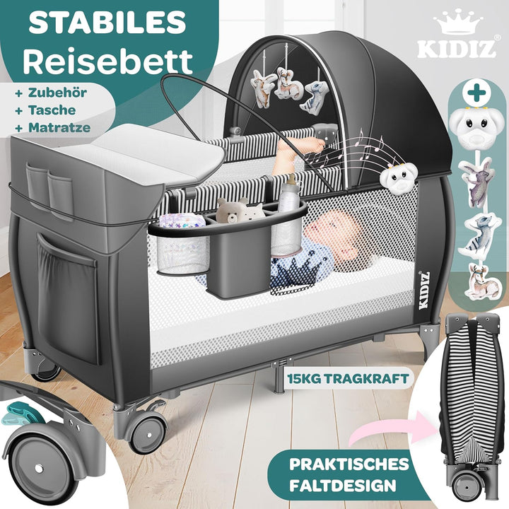 Kidiz® Babybett Reisebett Kinderreisebett klappbar mit Matratze & Räder 120x60, Seiteneingang, Wicke