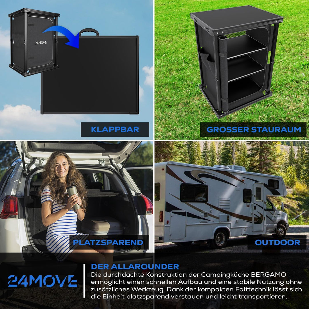 24MOVE® Campingküche faltbar, höhenverstellbarer Campingschrank Alu Reiseküche mit Arbeitsplatte und