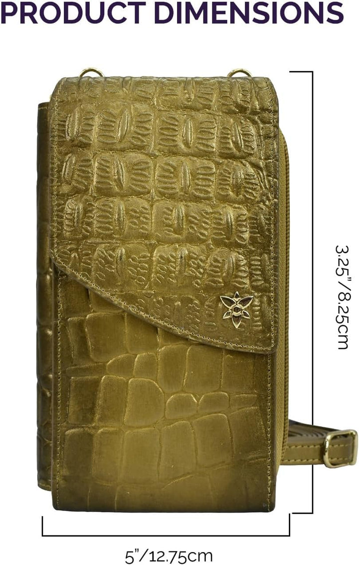 Anuschka Anna by Women's Crossbody Handytasche aus echtem Leder | Handbemalte Handwerkskunst Croc Em