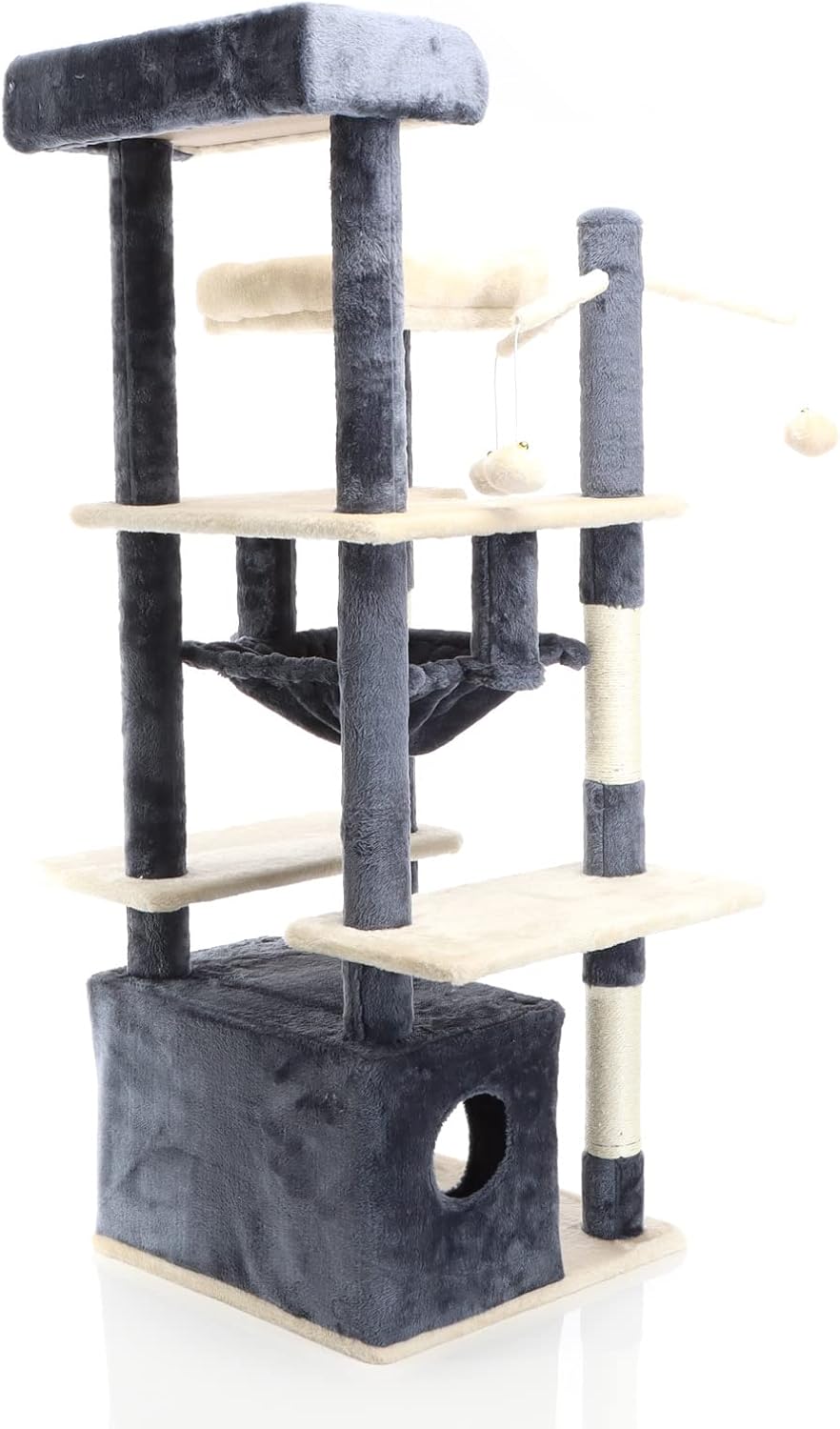 Fudajo Kratzbaum in Dunkelgrau/Beige 134 cm hoch, Katzenkratzbaum mit Katzenhaus + Liegemulde, Katze