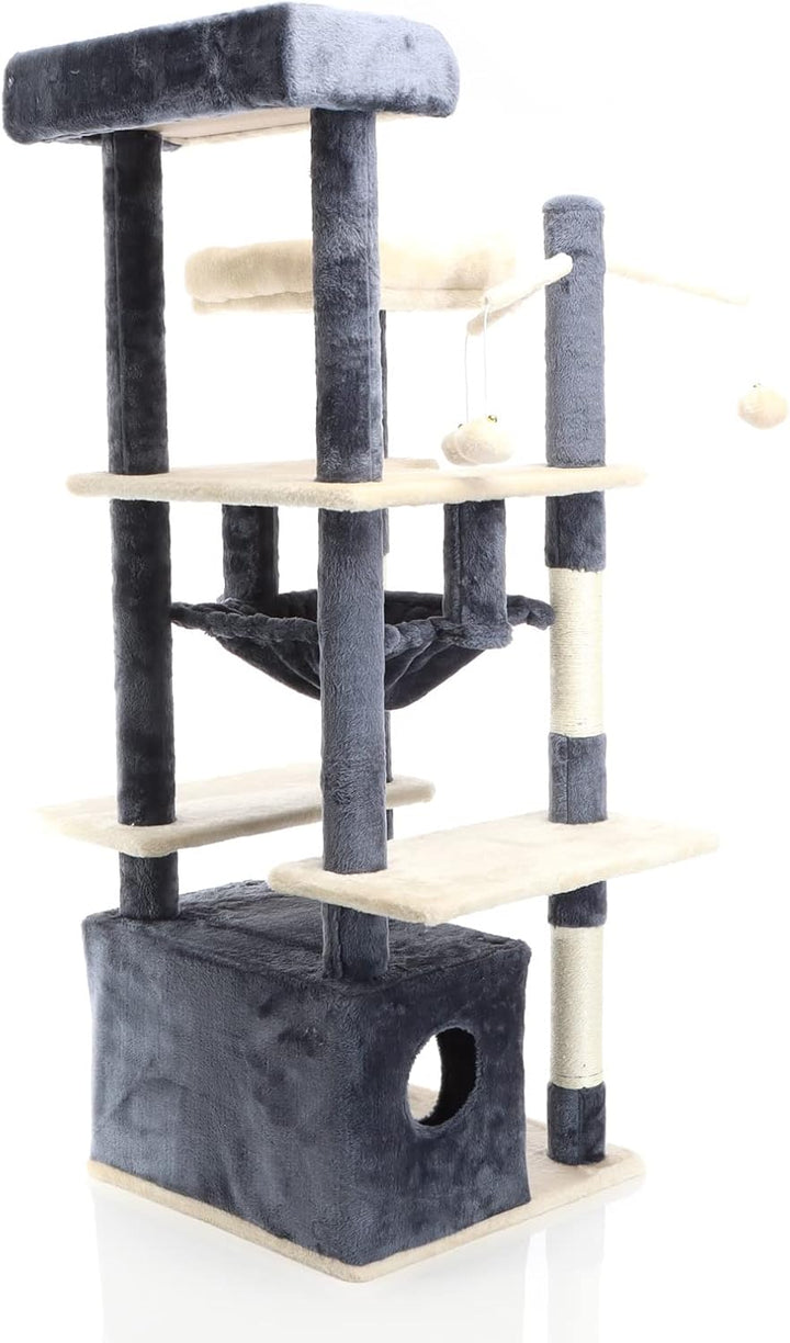 Fudajo Kratzbaum in Dunkelgrau/Beige 134 cm hoch, Katzenkratzbaum mit Katzenhaus + Liegemulde, Katze