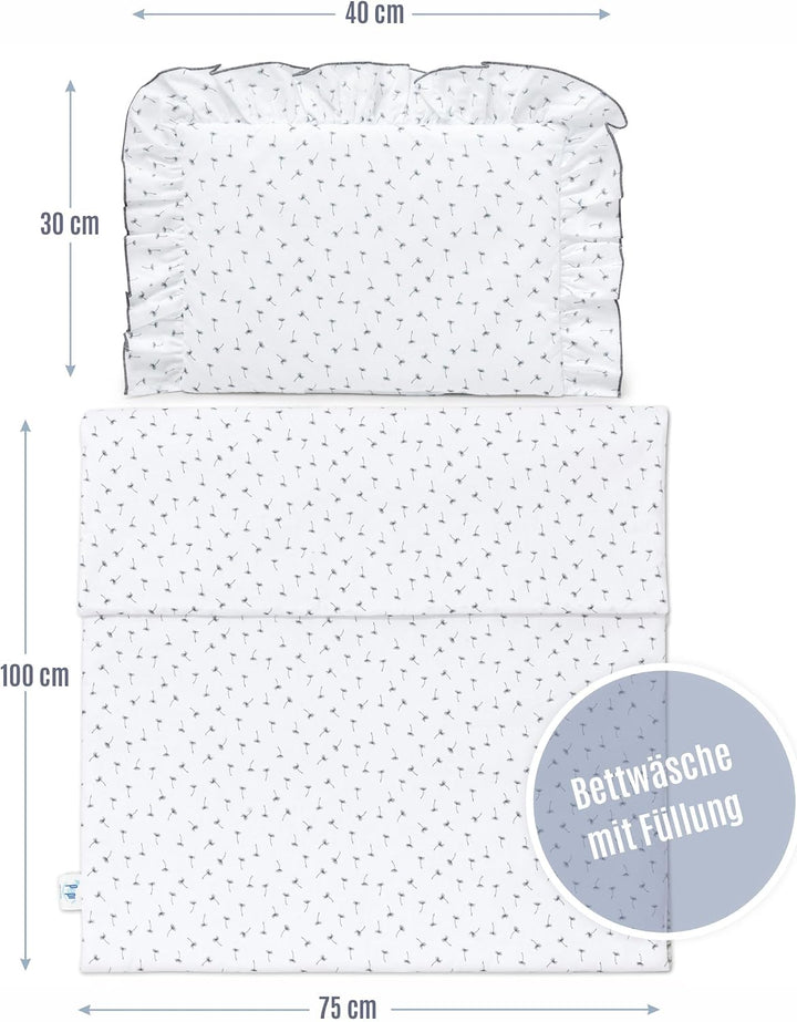 Pepi - Bettwäsche Weiss Rüschen - Kissen 30×40 und Bettdecke mit Füllung 75×100 - Musselin Bettwäsch