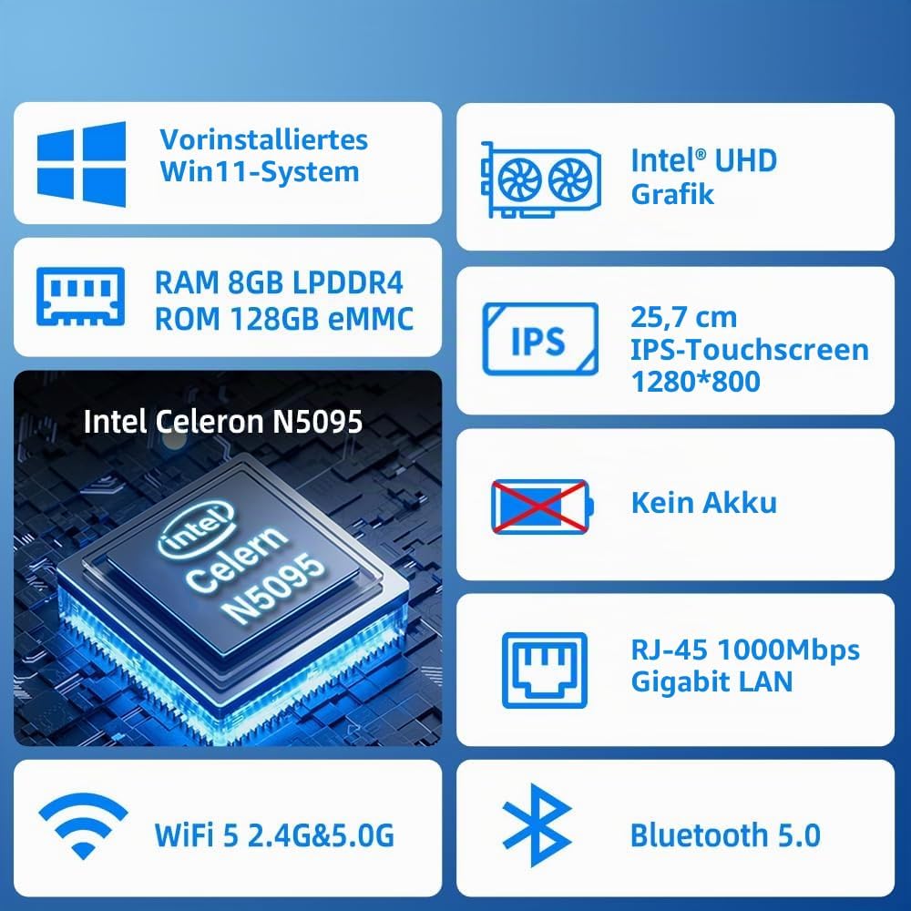 Mini PC Computer Mini Computer Deko 10,1 Zoll Win 11 Pro N5095, mini-pc mit Touchscreen 8GB RAM, 128