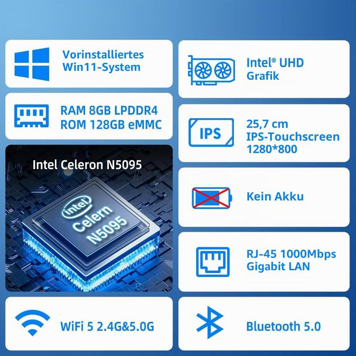 Mini PC Computer Mini Computer Deko 10,1 Zoll Win 11 Pro N5095, mini-pc mit Touchscreen 8GB RAM, 128