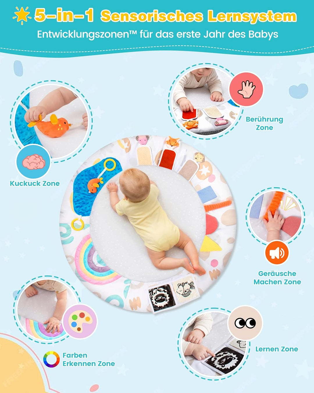 Spielbogen Baby mit 5 Greiflingen | Krabbeldecke für baby ab Geburt | Montessori Spielmatte Grauweis