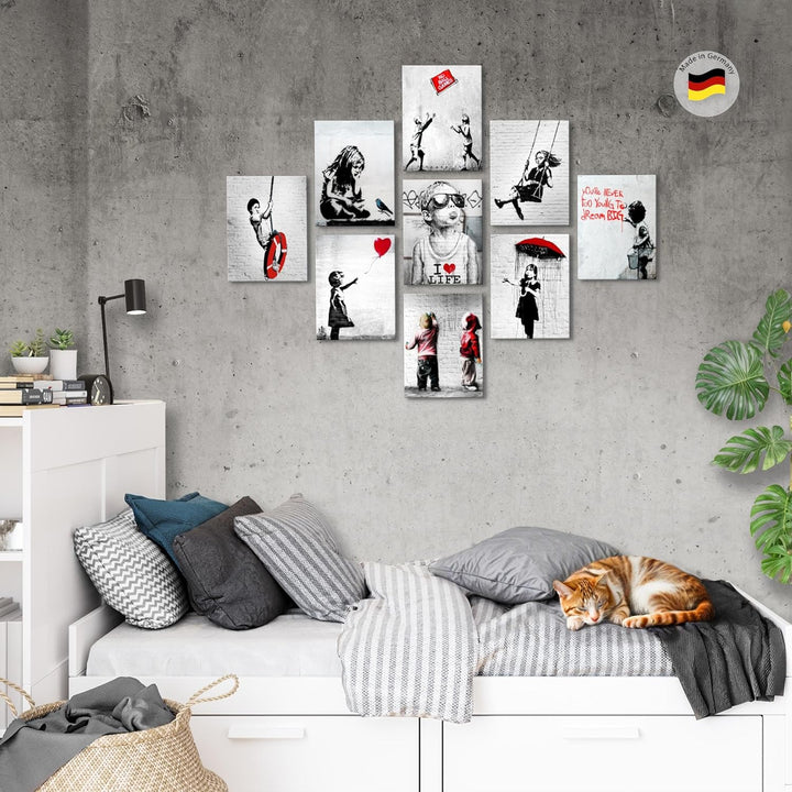 Novart Wandbilder Banksy - KOMPLETT AUFHÄNGFERTIG - Collage Loft Wohnzimmer- 9 Moderne Bilder Set -