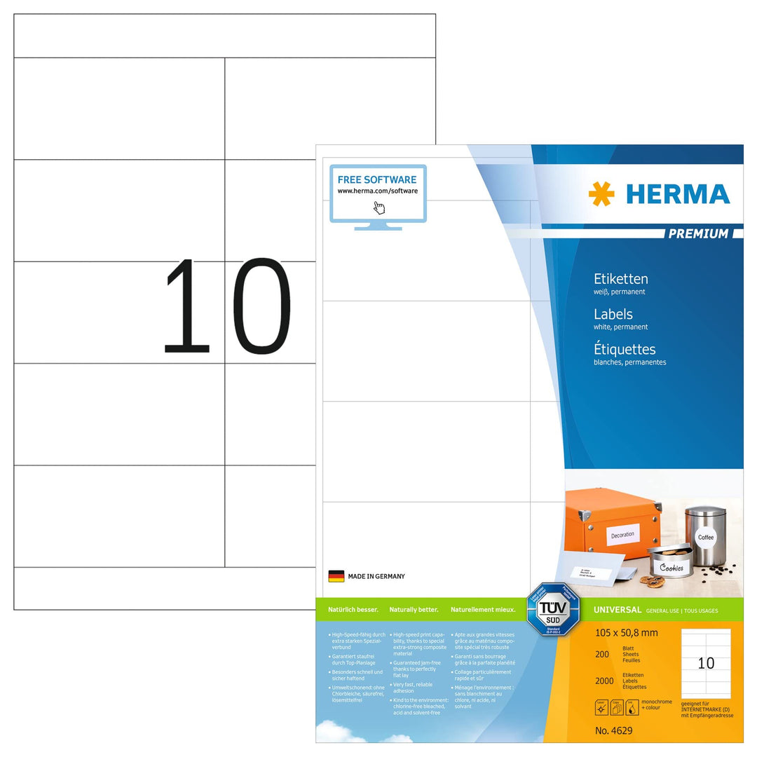 HERMA 4629 Universal Etiketten, 200 Blatt, 105 x 50,8 mm, 10 Stück pro A4 Bogen, 2000 Aufkleber, sel
