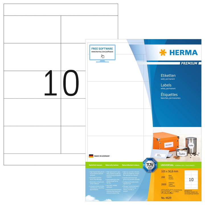 HERMA 4629 Universal Etiketten, 200 Blatt, 105 x 50,8 mm, 10 Stück pro A4 Bogen, 2000 Aufkleber, sel