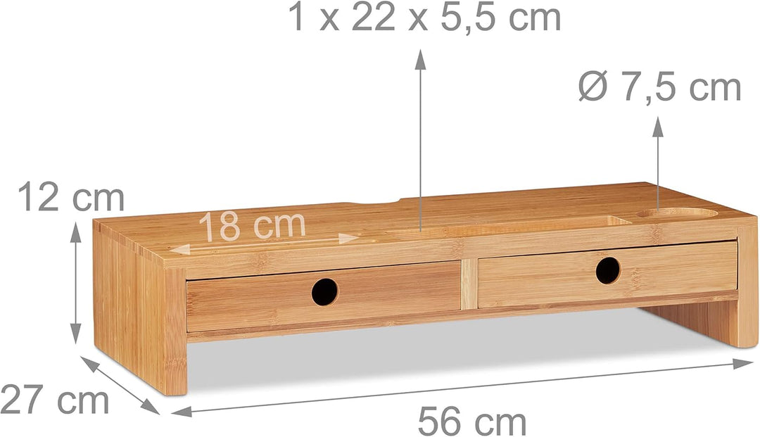 Relaxdays Monitorständer, aus Bambus, Bildschirmerhöhung mit 2 Schubladen &amp; Ablagen, Schreibtisch, H