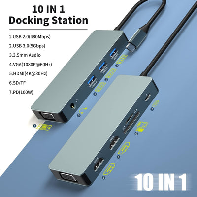 10 IN 1 USB-C Docking Station,USB Typ C to 4K 30Hz HDMI 1080P VGA, 100W PD, USB 2.0+USB3.0, SD/TF-Le