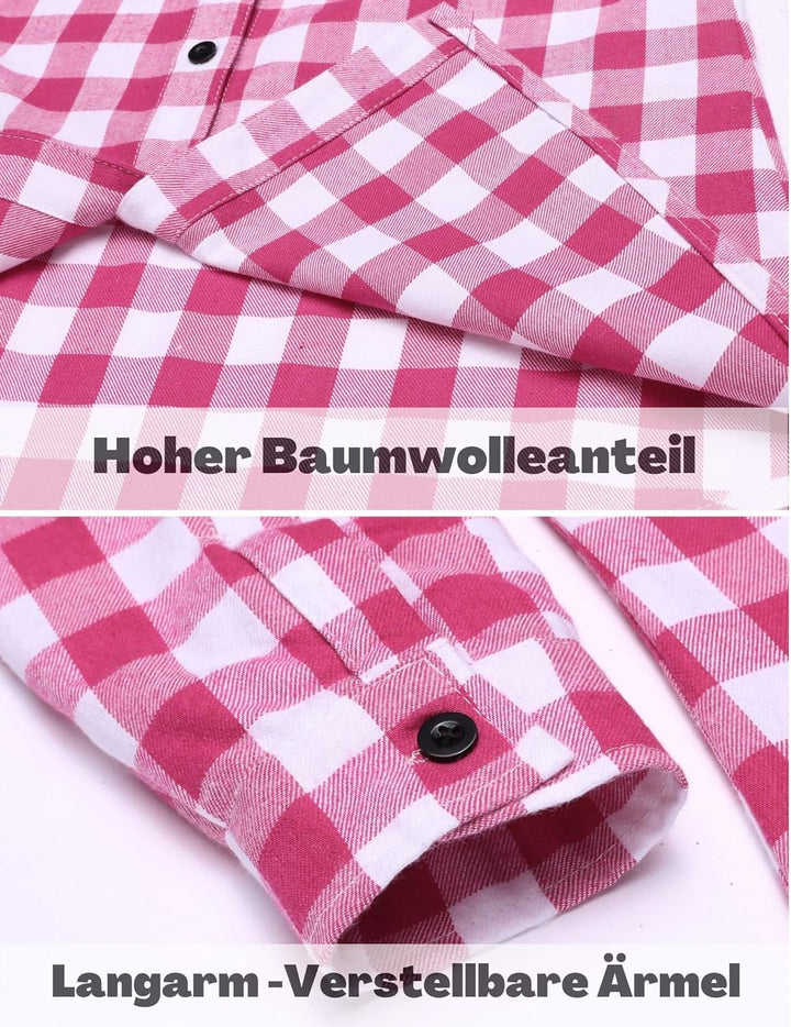 UNibelle Damen Kariertes Hemd mit Knopfleiste Kurz/Langarm Oktoberfest Bluse Karo Tunika Baumwolle T