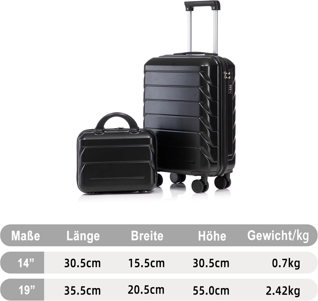 Hartschalen-Koffer Trolley Handgepäck Rollkoffer, Reisekoffer Set mit 4 Rollen, 2er Gepäckset Schwar