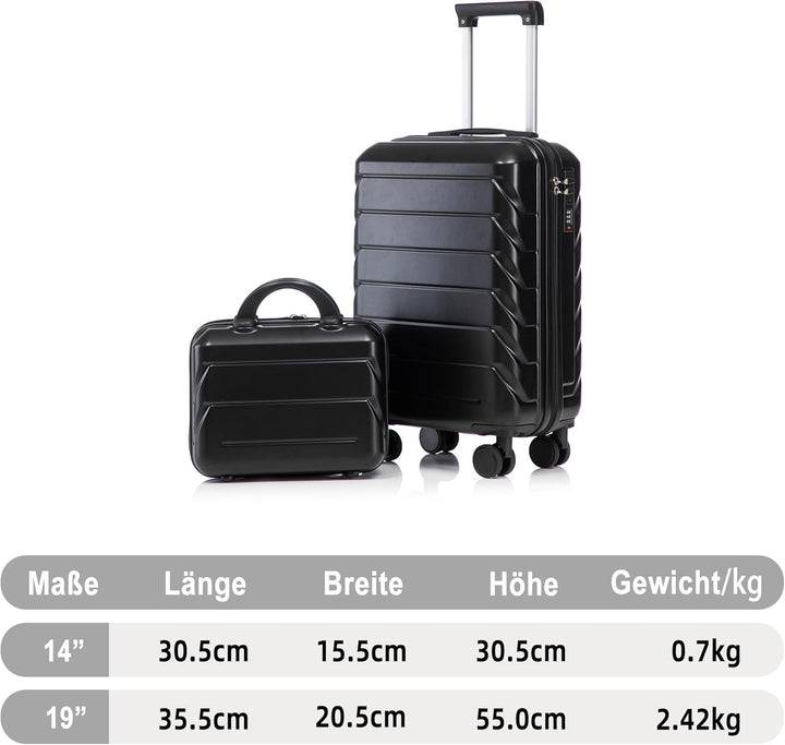 Hartschalen-Koffer Trolley Handgepäck Rollkoffer, Reisekoffer Set mit 4 Rollen, 2er Gepäckset Schwar
