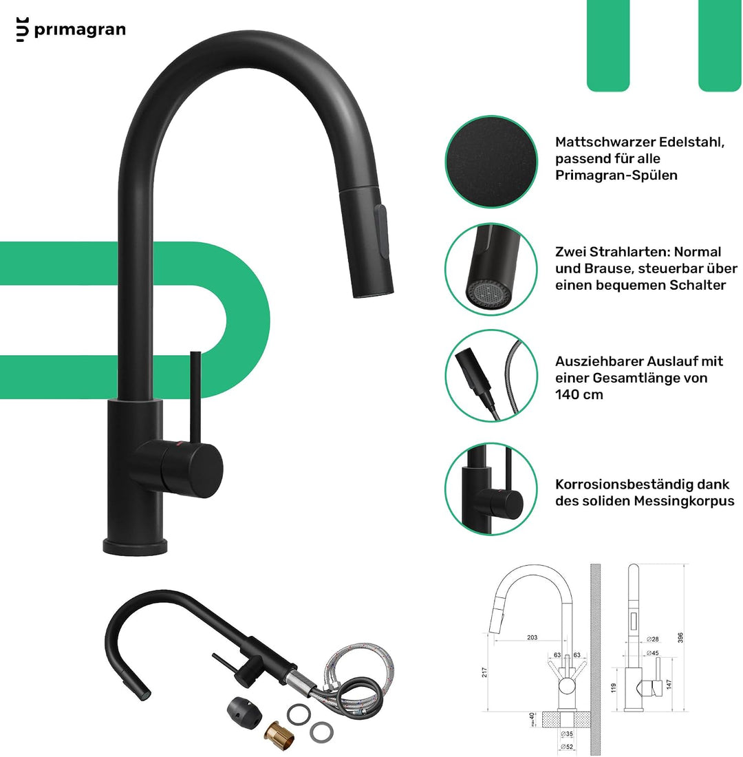 PRIMAGRAN Granitspüle Alles Schwarz 62x50cm, Spülbecken 1 Becken + Küchenarmatur 40x20cm + Ablauf-Se