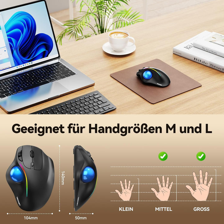 TECKNET Kabellose Trackball-Maus, Ergonomische Maus mit Bluetooth und verschlüsseltem Dongle, 6 Tast