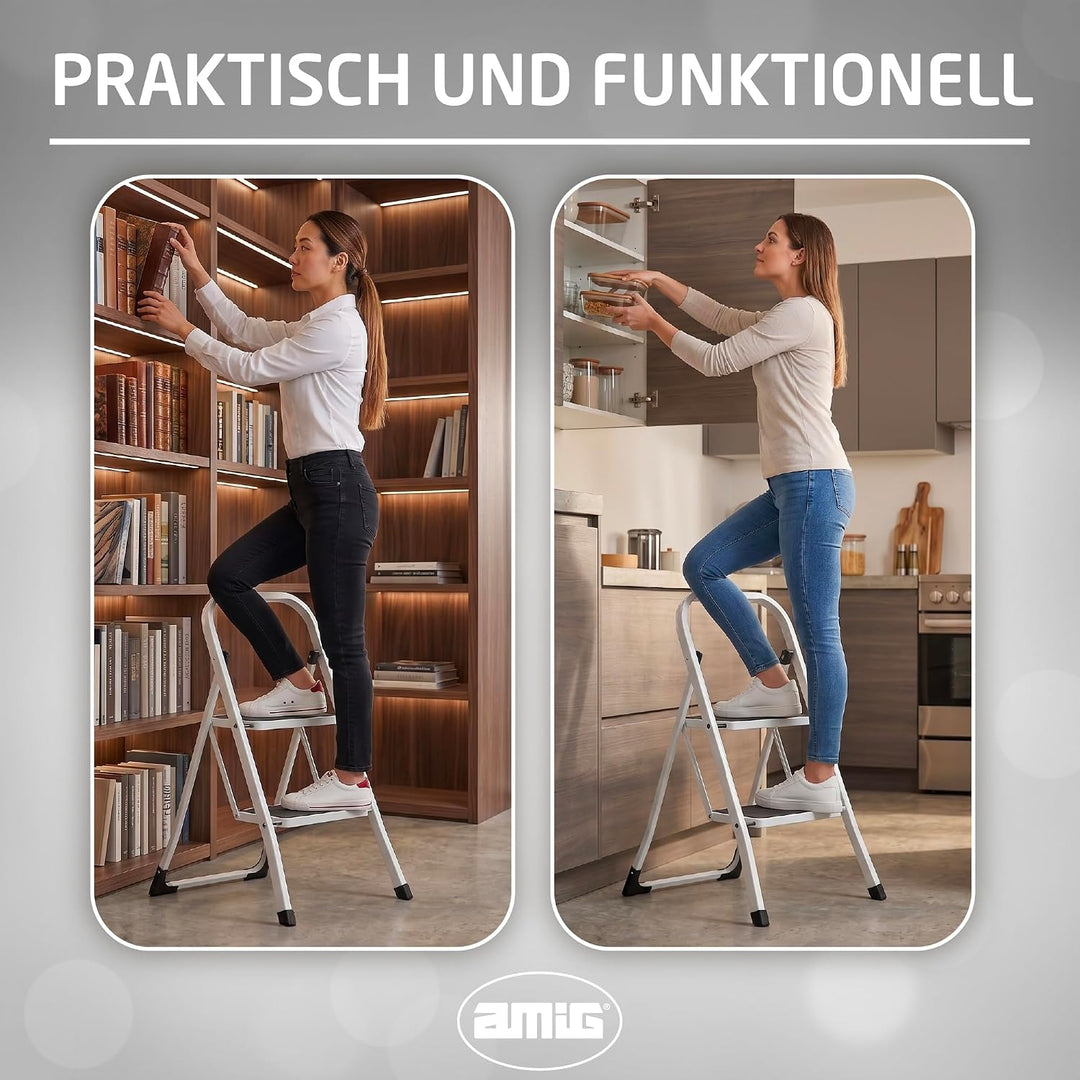 Amig Klappleiter 2 Stufen Stahl Weiss 82x52x42 cm