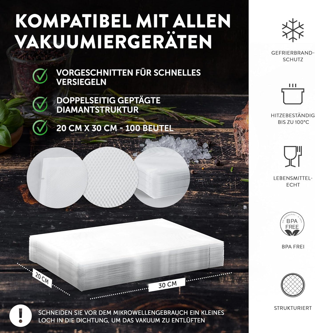 GustoVac Premium 100 Stk Vakuumierbeutel 20x30 geprägt - Made in Germany - Vakuum Beutel für Vakuumi
