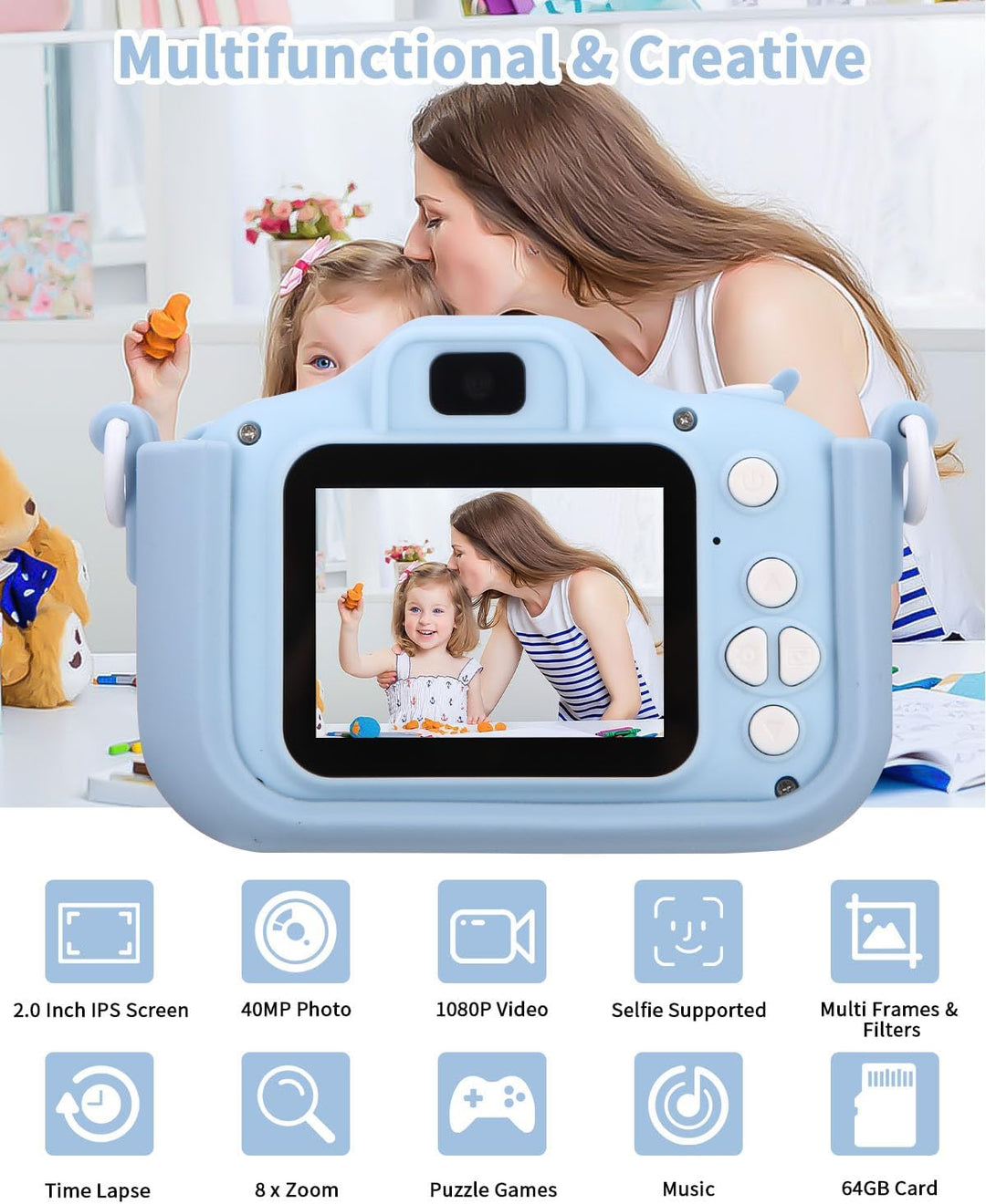 Kinderkamera,Kinder Kamera 1080P Bildschirm Kamera mit 64GB-Karte Selfie Digitalkamera Kinder Fotoap