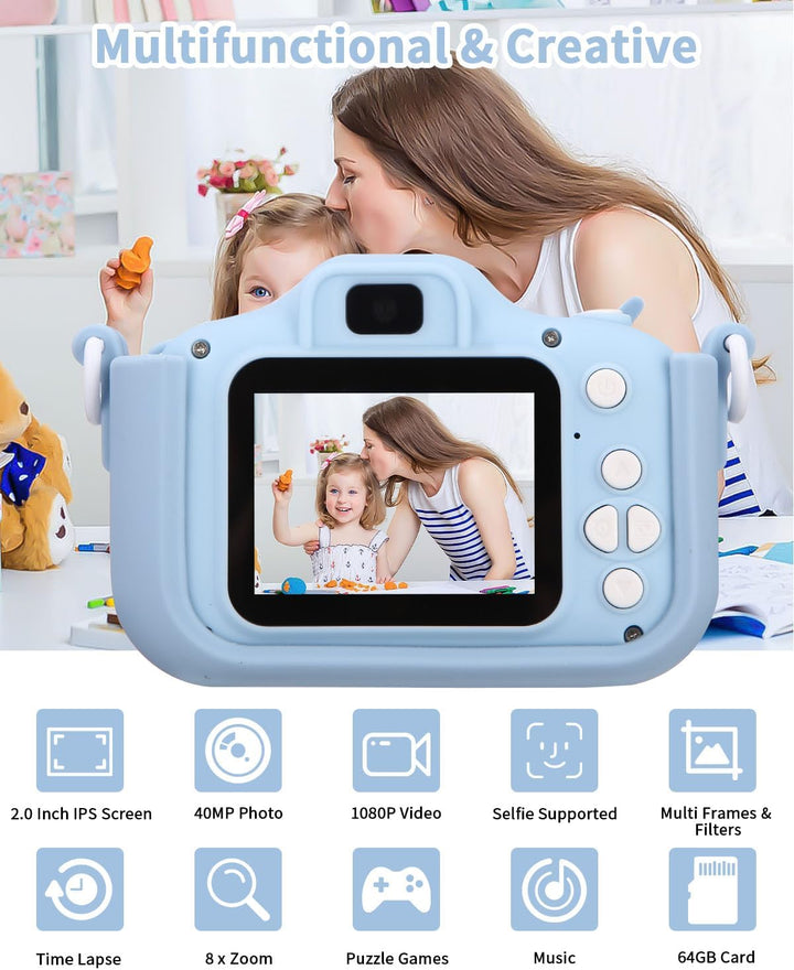 Kinderkamera,Kinder Kamera 1080P Bildschirm Kamera mit 64GB-Karte Selfie Digitalkamera Kinder Fotoap