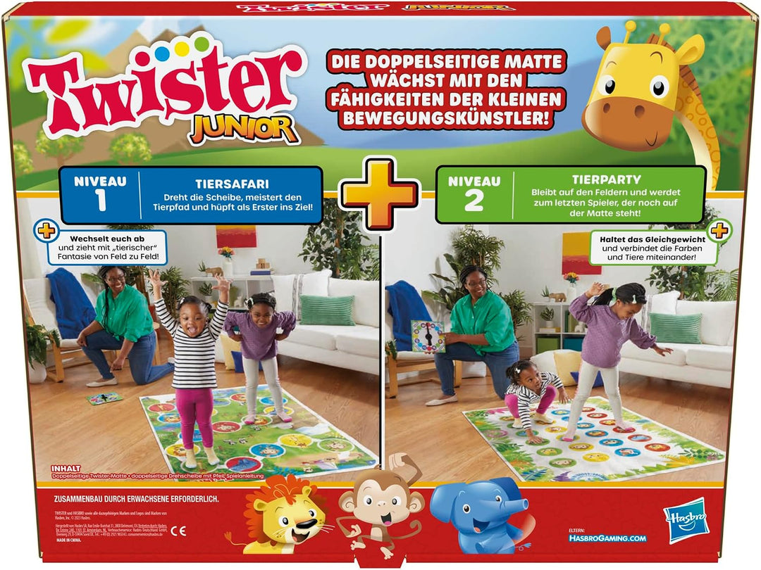 Hasbro Twister Junior Spiel, Tierisches Vergnügen, doppelseitige Matte, 2 Spiele in einem, Partyspie