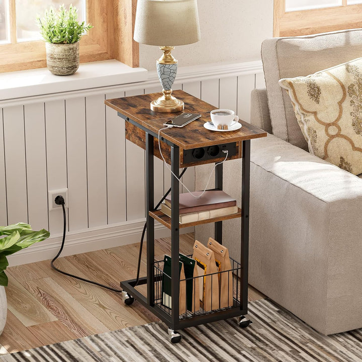 HOOBRO Beistelltisch mit Ladestation, Flip C-Form Sofatisch, Couchtisch mit Rädern und Ablagefläche,