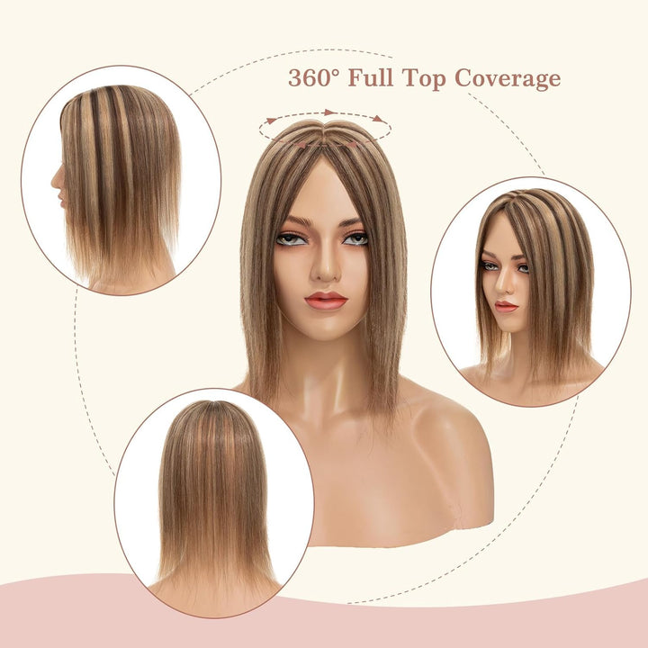 Elailite Hair Topper Echthaar #4P27 Mittelbraun/Honigblond 15cm Clip in Toupet Damen Extensions Haar