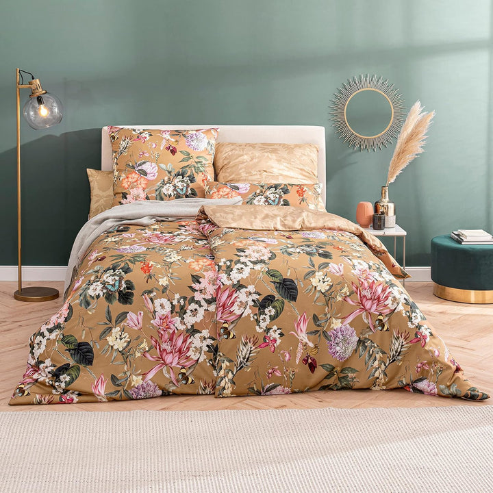 ESTELLA Mako-Satin Bettwäsche Fiore Messing 1 Bettbezug 155 x 200 cm + je 1 Kissenbezug 80 x 80 cm +