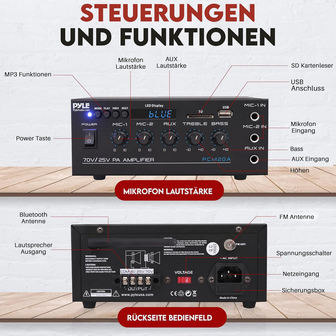 Pyle PA- Verstärker, Bluetooth Amplififer- 70 V/25 V mit 2 Mic- Eingängen, AUX, USB, SD, MP3, LED- D