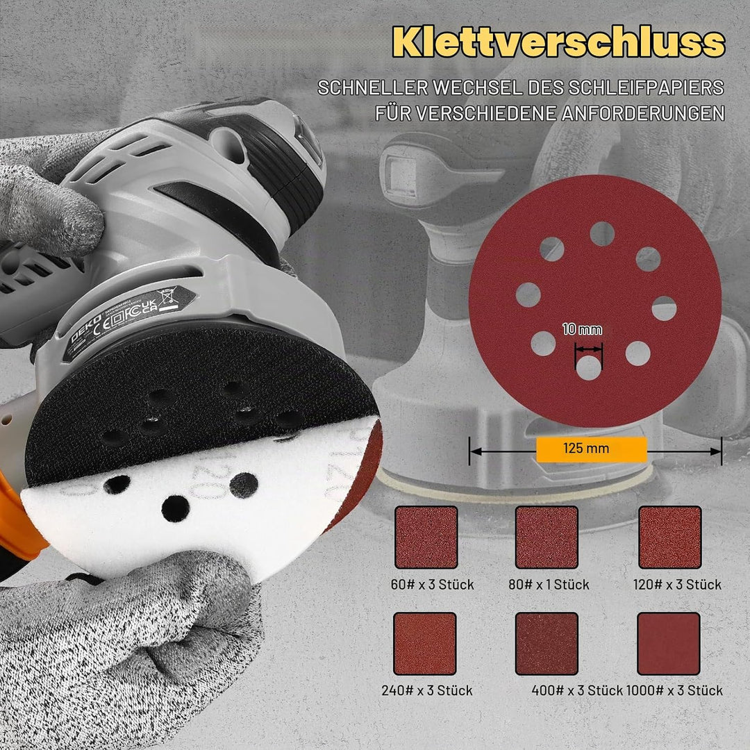 DEKOPRO 300W Exzenterschleifer, 125mm Schleifmaschine mit 6 Geschwindigkeiten(7000-13000U/min), 16 S