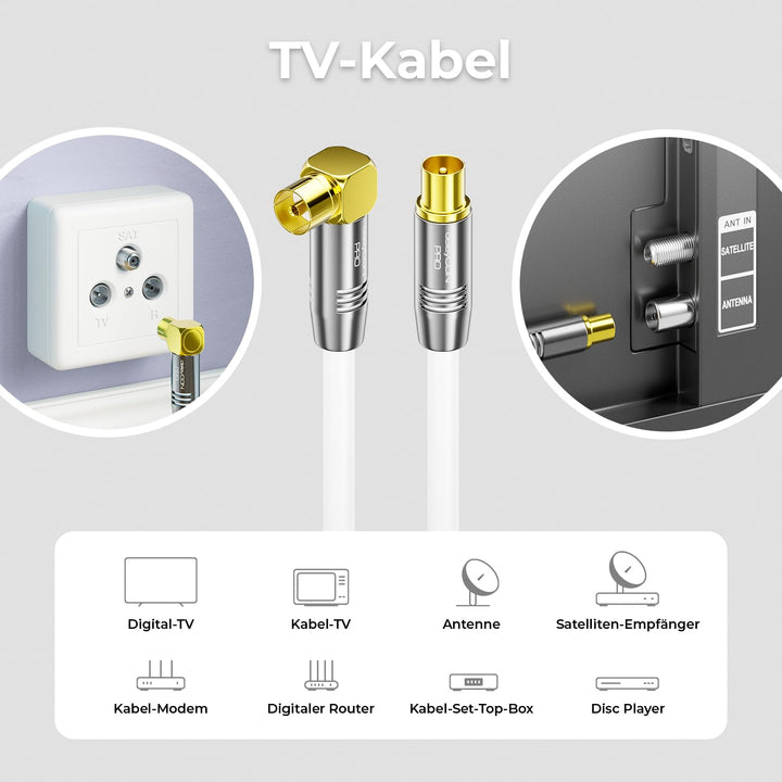 deleyCON 12,5m TV Antennenkabel HDTV Full HD - 1x gewinkelt - Koaxialkabel - TV-Stecker (gerade) zu