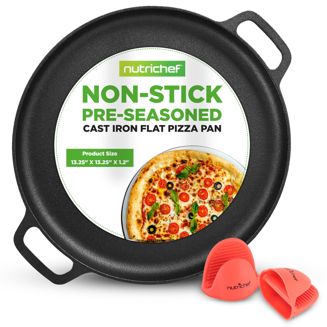 NutriChef Flache Gusseisen-Pizza-Pfanne, 33 cm, vielseitige, voreingebrannte runde Grillplatte mit i