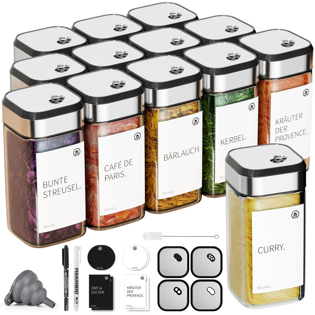 Miorkly Gewürzgläser Eckig mit Streueinsatz 12er, Gewürzstreuer Glas 120 ml-Gewürzdosen set-Gewürz O