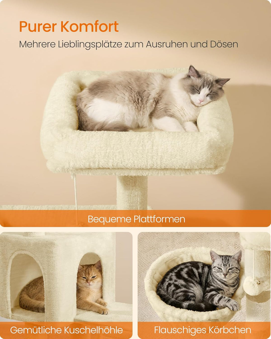 Feandrea Kratzbaum, 136 cm hoch, Katzenbaum, mehrstöckiges Katzenhaus, mit 4 Kratzsäulen, 3 Plattfor