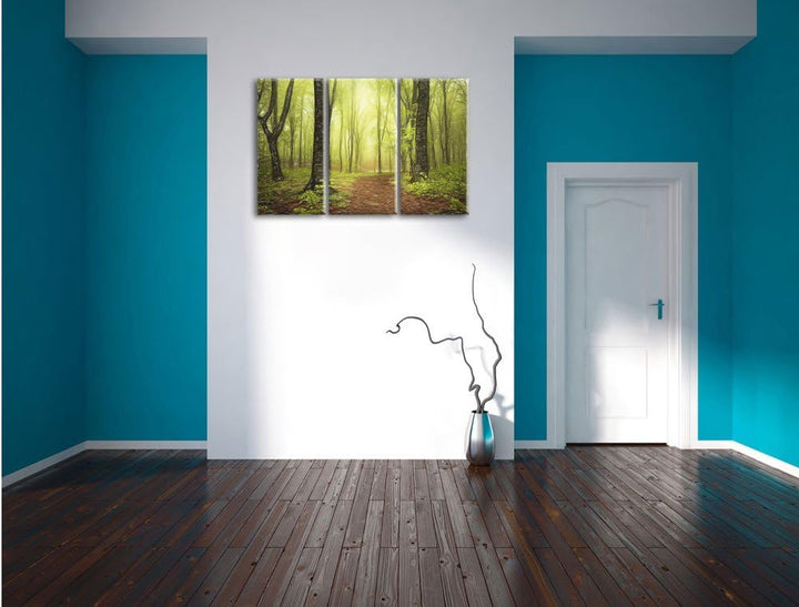 Pixxprint Weg im Wald / 3-Teilig/Gesamtmass 120cm Leinwandbild bespannt auf Holzrahmen/Wandbild Kuns