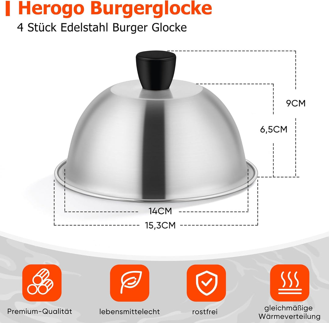 Herogo Burgerglocke, 4 Stück Edelstahl Burger Glocke mit Hitzebeständig Griff, 15,3x9 cm Metall Gril