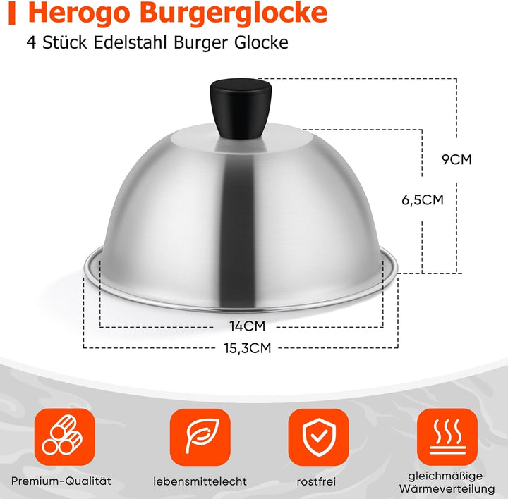 Herogo Burgerglocke, 4 Stück Edelstahl Burger Glocke mit Hitzebeständig Griff, 15,3x9 cm Metall Gril