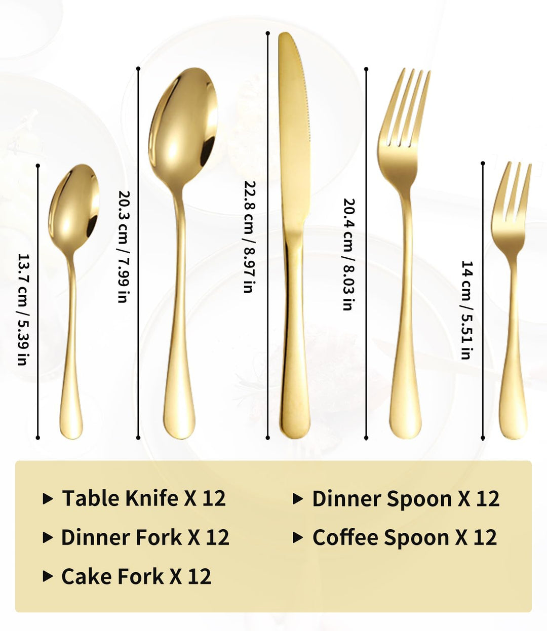 Besteck Set 12 Personen, 60 teilig Goldenes Edelstahl Bestecksets, Elegantes Essbesteck, Hochglanzpo
