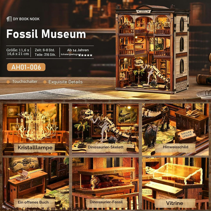 Dinosaurier-Museum Buch Nook Kit | DIY Miniaturhaus Modell | 3D Holzpuzzle Bücherregal-Dekor | Kreat