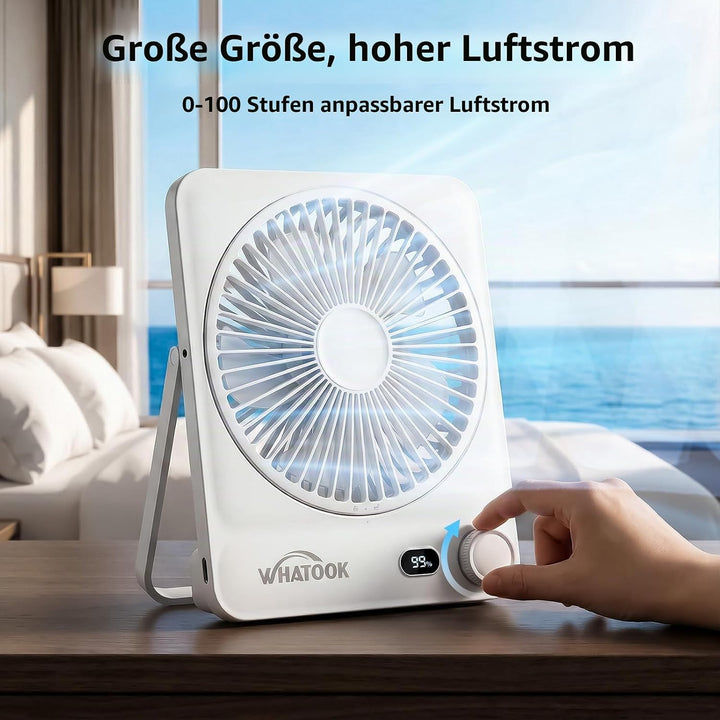 Akku Ventilator 10000mAh 40H mit 100 Stufen: Stufenlos Regulierbarer Tischventilator leise mit Wandh