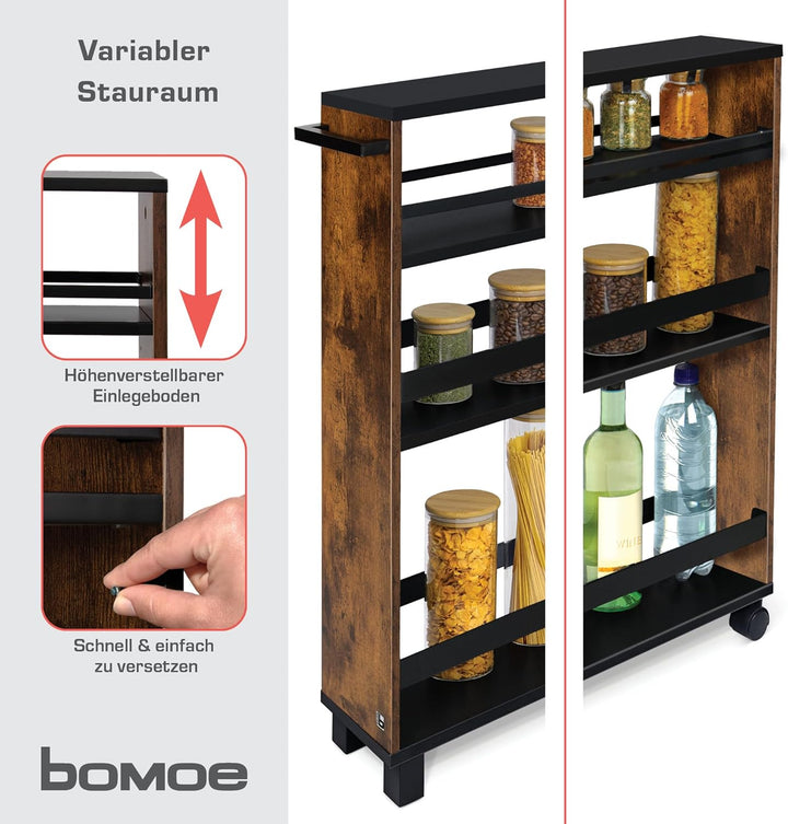 bomoe Nischenregal 15cm breit – Küchenwagen Küchenregal Schmal – Rollwagen Schmal 3 Fächer & Arbeits