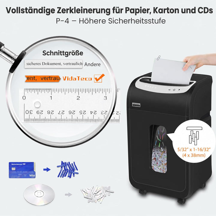 VidaTeco Aktenvernichter für Büro und Homeoffice, 25 Blatt P4 Reisswolf mit 40 Minuten,Kreuzschnitt