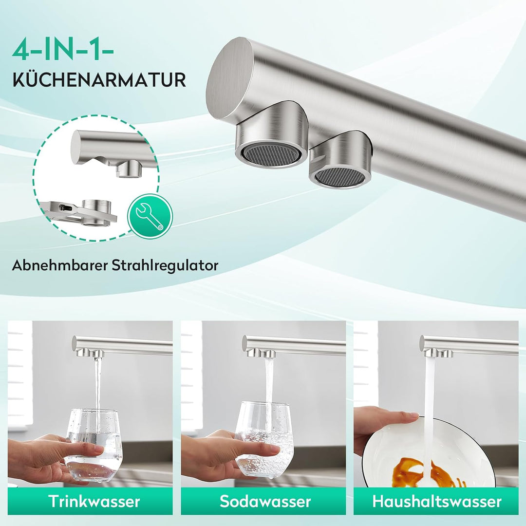 CREA 4 Wege Wasserhahn Küche, Küchenarmatur mit Sodawasser, 360° Drehbar Vier Wege Mischbatterie Küc