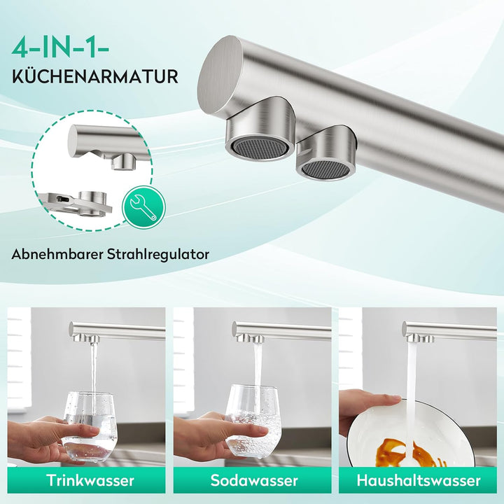 CREA 4 Wege Wasserhahn Küche, Küchenarmatur mit Sodawasser, 360° Drehbar Vier Wege Mischbatterie Küc