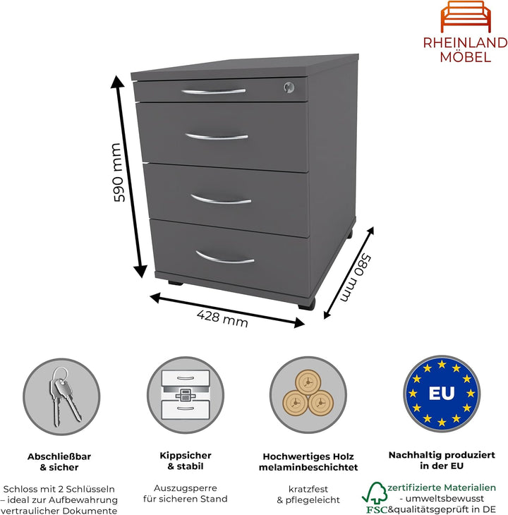 Rollcontainer CADI 43×58×59 cm – abschliessbarer Bürocontainer in Graphit mit Orga- & 3 Universal-Sc