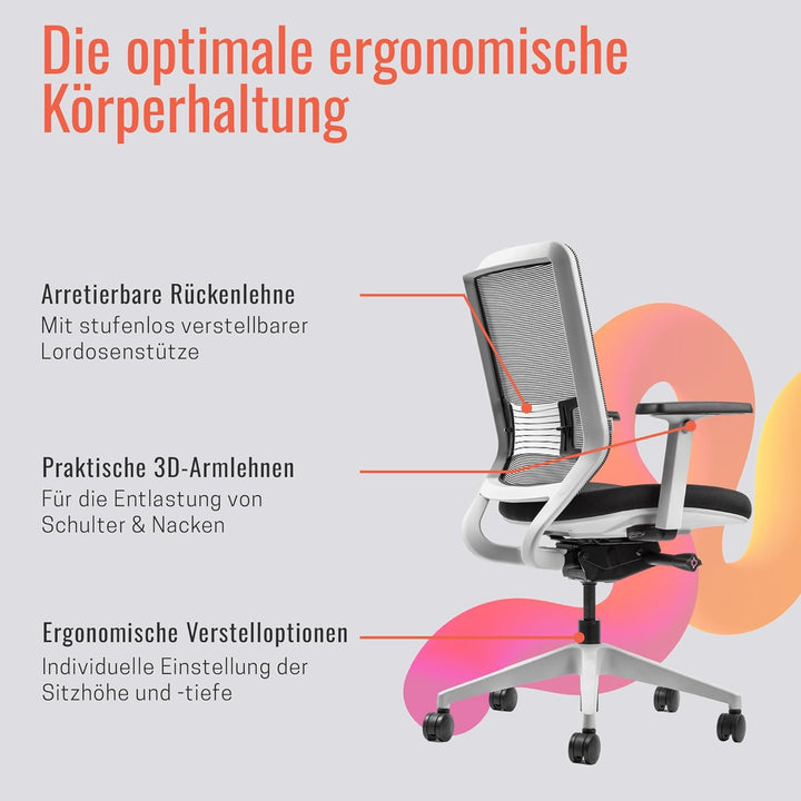 Yaasa Chair Ergonomischer Bürostuhl, Schreibtischstuhl mit Lordosenstütze, 3D-Armlehnen und Einstell