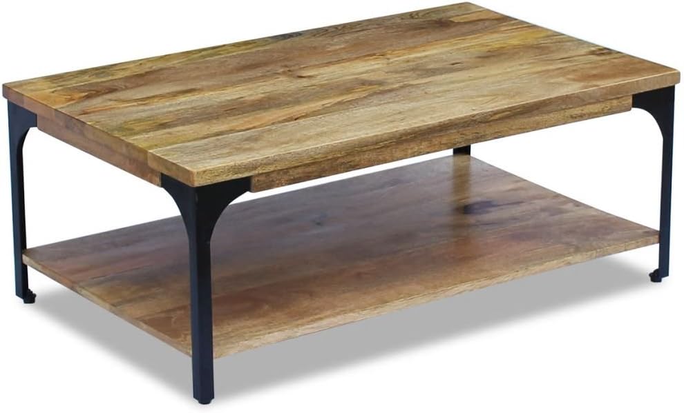 Festnight Couchtisch Kaffeetisch Sofatisch Mangoholz Stahlrahmen Beistelltisch mit Ablagefach zur Au