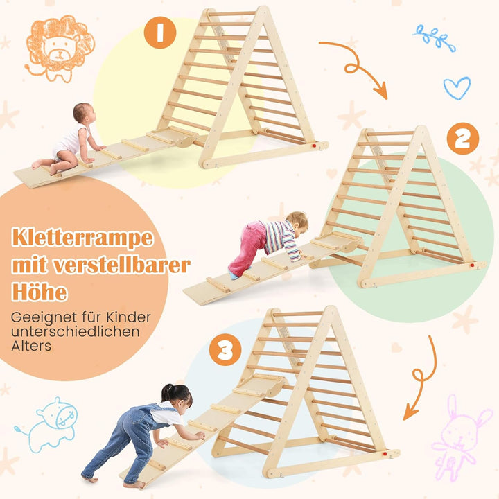 DREAMADE Kletterdreieck mit Rampe, klappbar Kletterspielzeug Holzdreieck aus Massivholz, Indoor Klet