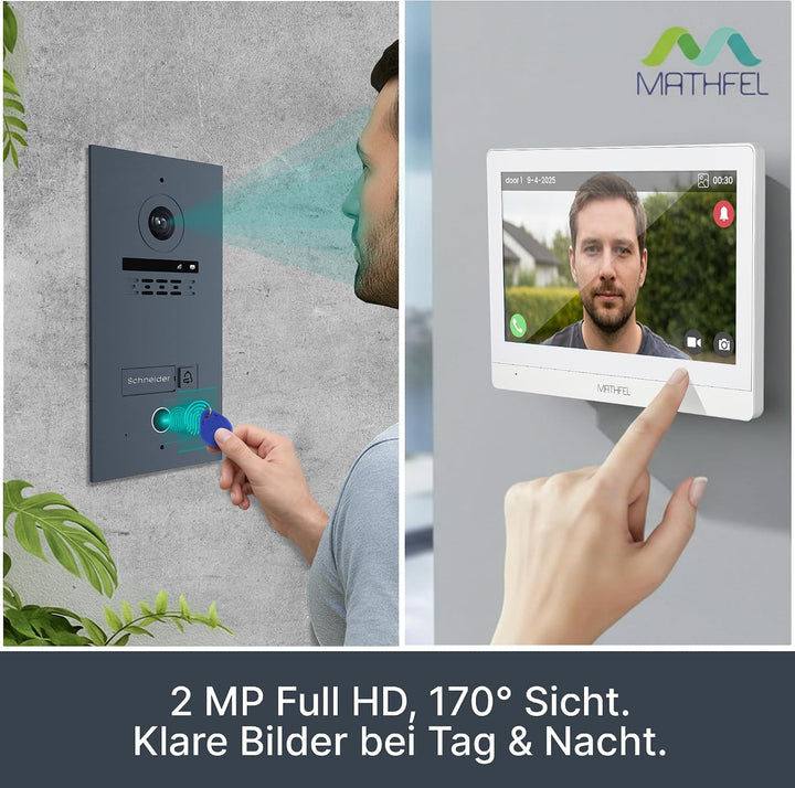 MATHFEL 2-Draht Video Türsprechanlage Einfamilienhaus – Full HD 170° Kamera mit WLAN – 1×10-Zoll Tou