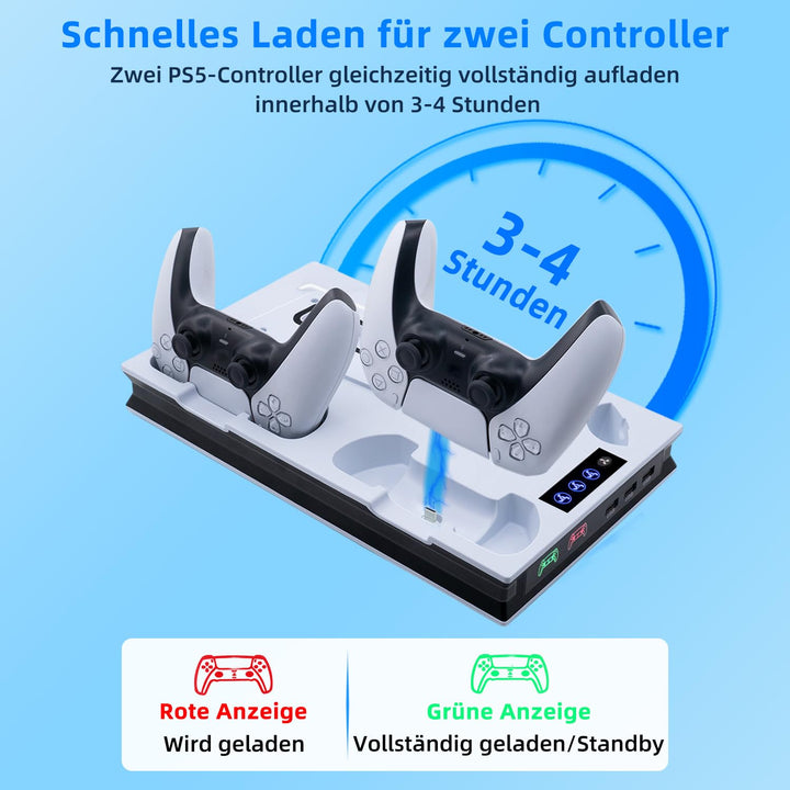 Mcbazel PS5 Pro/ PS5/ PS5 Slim Ladestation Ständer mit 3 Stufig Lüfter und Licht, PS5 Ständer Contro